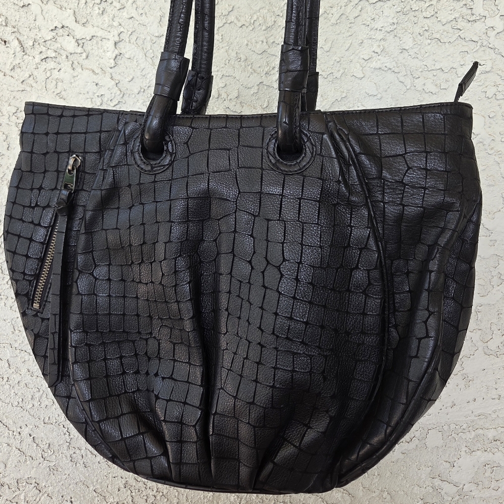 Black Leather Crocodile-Embossed Tote Bag NWOT